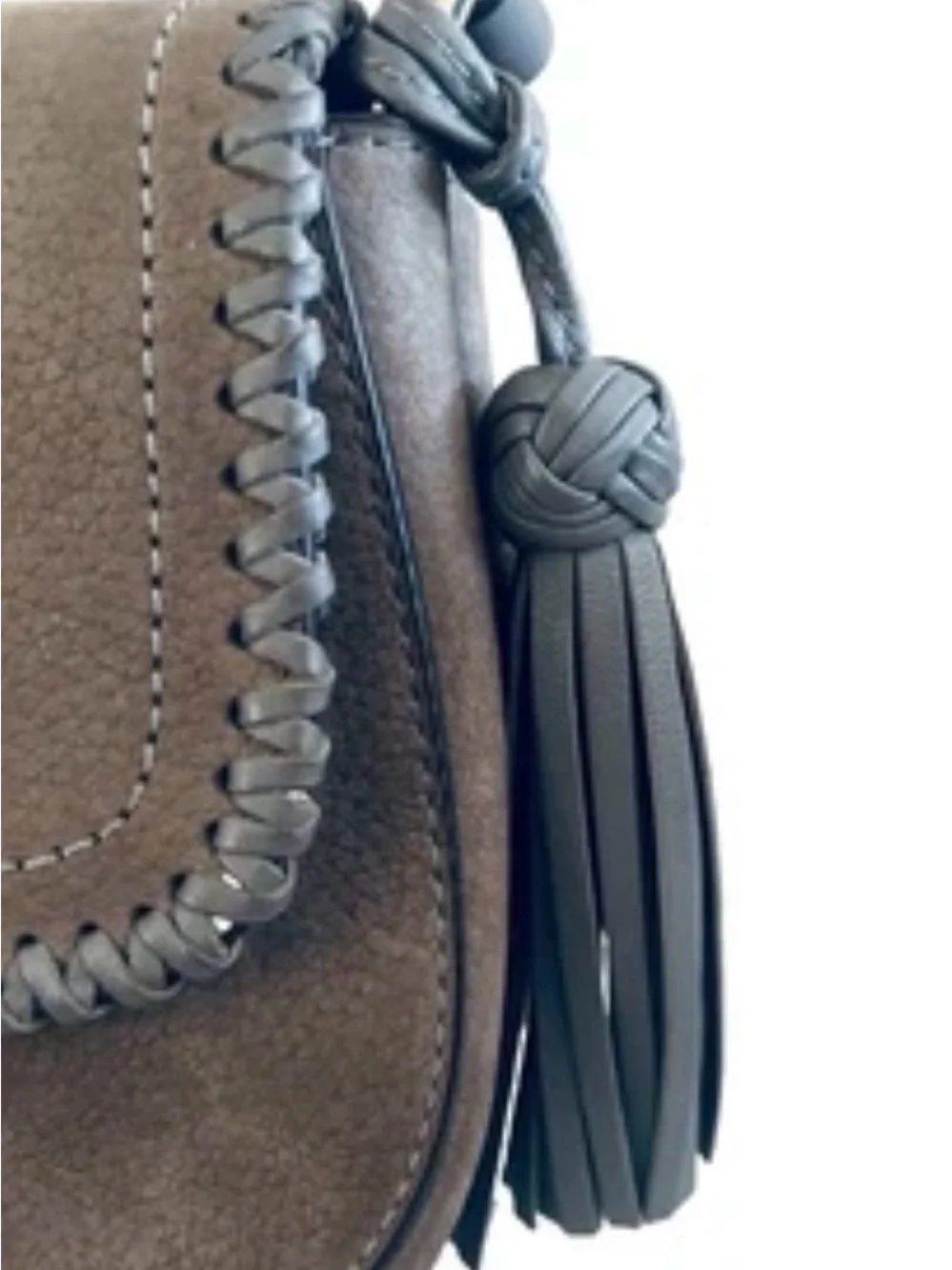 Kate Spade New York Gray Suede Leather Crossbody Saddle Bag Tassel Hardware Gold